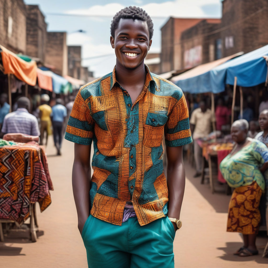 a young Zambian man in his mid-20s. He has short, curly black hair and a warm smile. His outfit reflects modern Zambian fashion: he is wearing a traditional chitenge shirt with vibrant patterns, paired with casual trousers and leather sandals. The background features a lively Zambian street with bustling markets and traditional architecture, capturing the essence of Zambian culture and style.