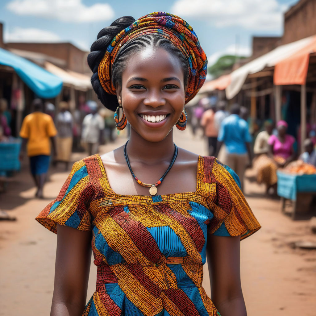 a young Zambian woman in her mid-20s. She has long, braided black hair and a bright smile. Her outfit reflects modern Zambian fashion: she is wearing a traditional chitenge dress with vibrant patterns, paired with traditional jewelry. The background features a lively Zambian street with bustling markets and traditional architecture, capturing the essence of Zambian culture and style.