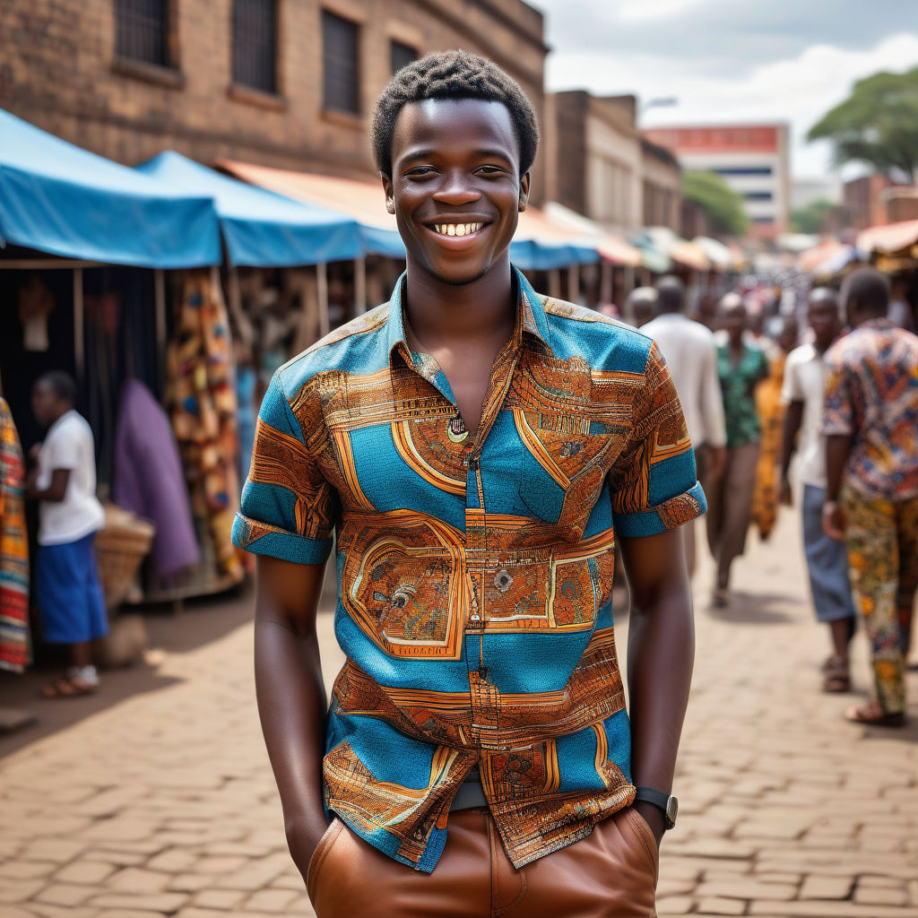 a young Zimbabwean man in his mid-20s. He has short, curly black hair and a warm smile. His outfit reflects modern Zimbabwean fashion: he is wearing a traditional African print shirt with vibrant patterns, paired with casual trousers and leather sandals. The background features a lively Zimbabwean street with bustling markets and traditional architecture, capturing the essence of Zimbabwean culture and style.