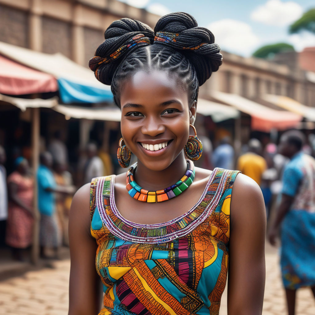 a young Zimbabwean woman in her mid-20s. She has long, braided black hair and a bright smile. Her outfit reflects modern Zimbabwean fashion: she is wearing a traditional African print dress with vibrant patterns, paired with traditional jewelry. The background features a lively Zimbabwean street with bustling markets and traditional architecture, capturing the essence of Zimbabwean culture and style.