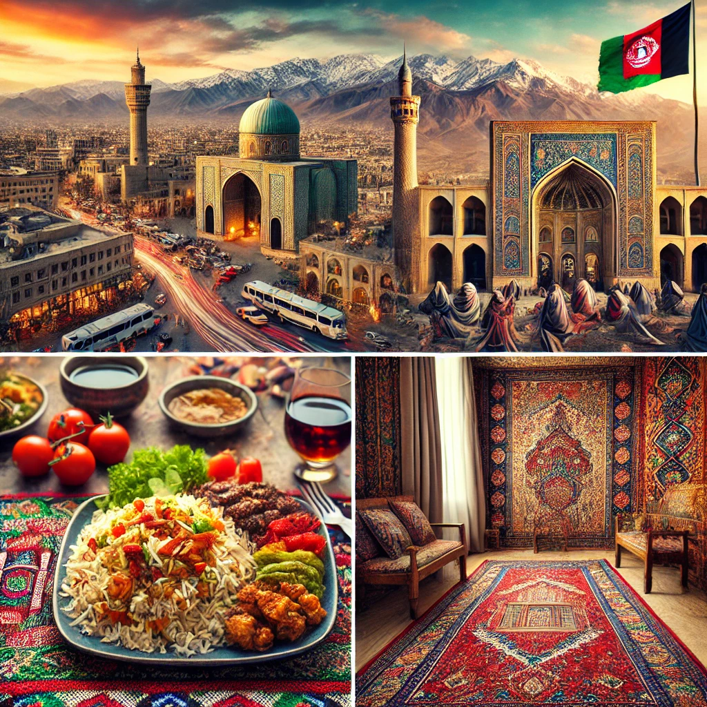 An image showcasing Afghanistan’s cultural richness: the bustling cityscape of Kabul, a plate of traditional Pilaf, intricate Afghan carpets, and the breathtaking mountainous landscapes.