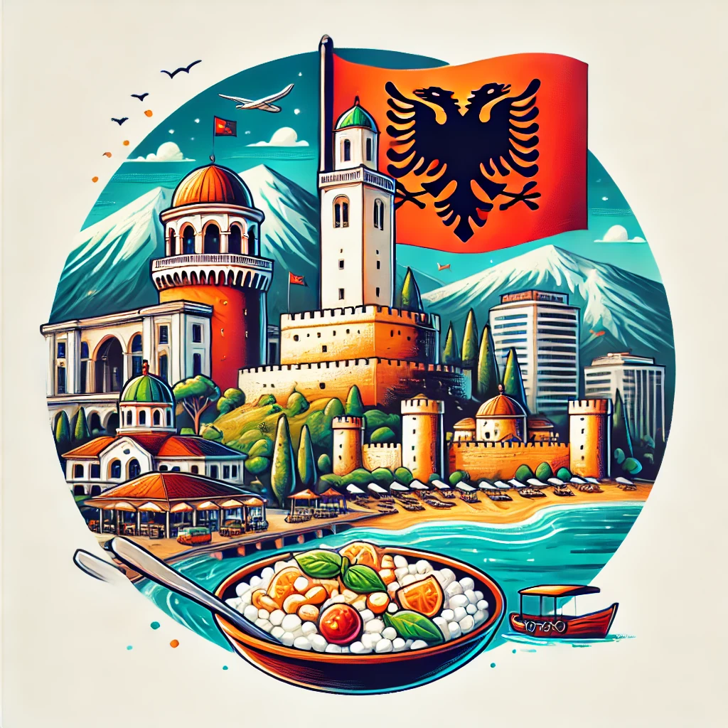 An image showcasing the cityscape of Tirana, traditional Tavë Kosi dish, Riviera beaches, and the historic Berat Castle.