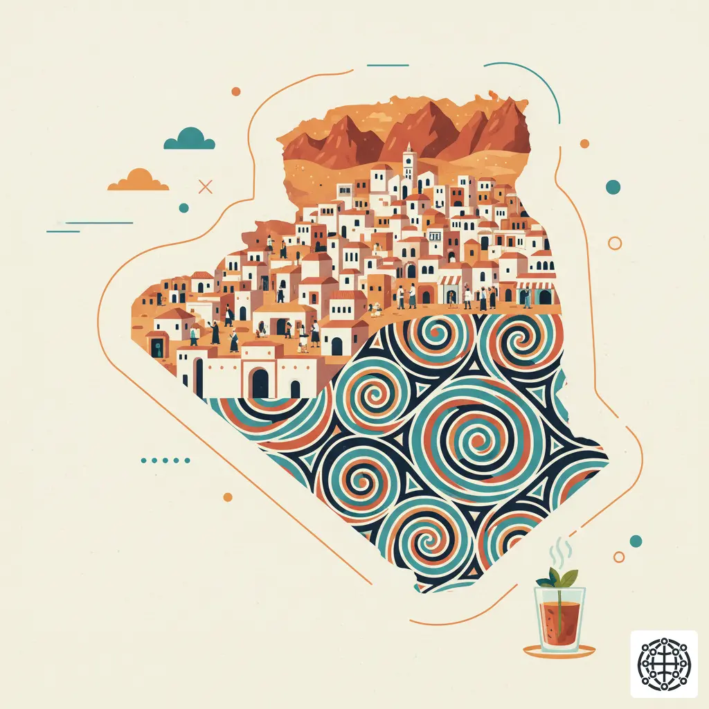 A stylized, modern illustration of Algeria, featuring the Casbah of Algiers, the Hoggar Mountains, a traditional Berber pattern, and a cup of mint tea.