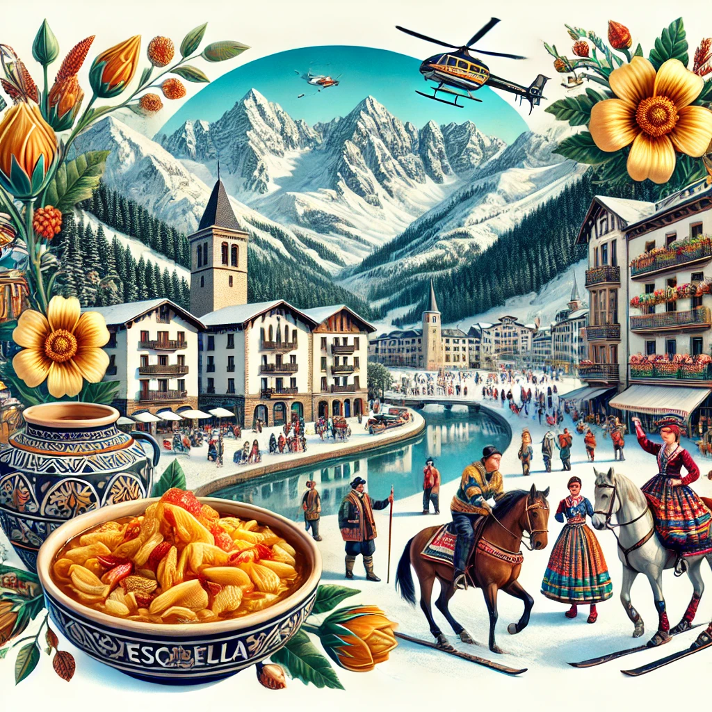 A scenic image of Andorra la Vella nestled in the Pyrenees, a traditional Escudella dish, a ski resort, and local festivals with vibrant costumes.