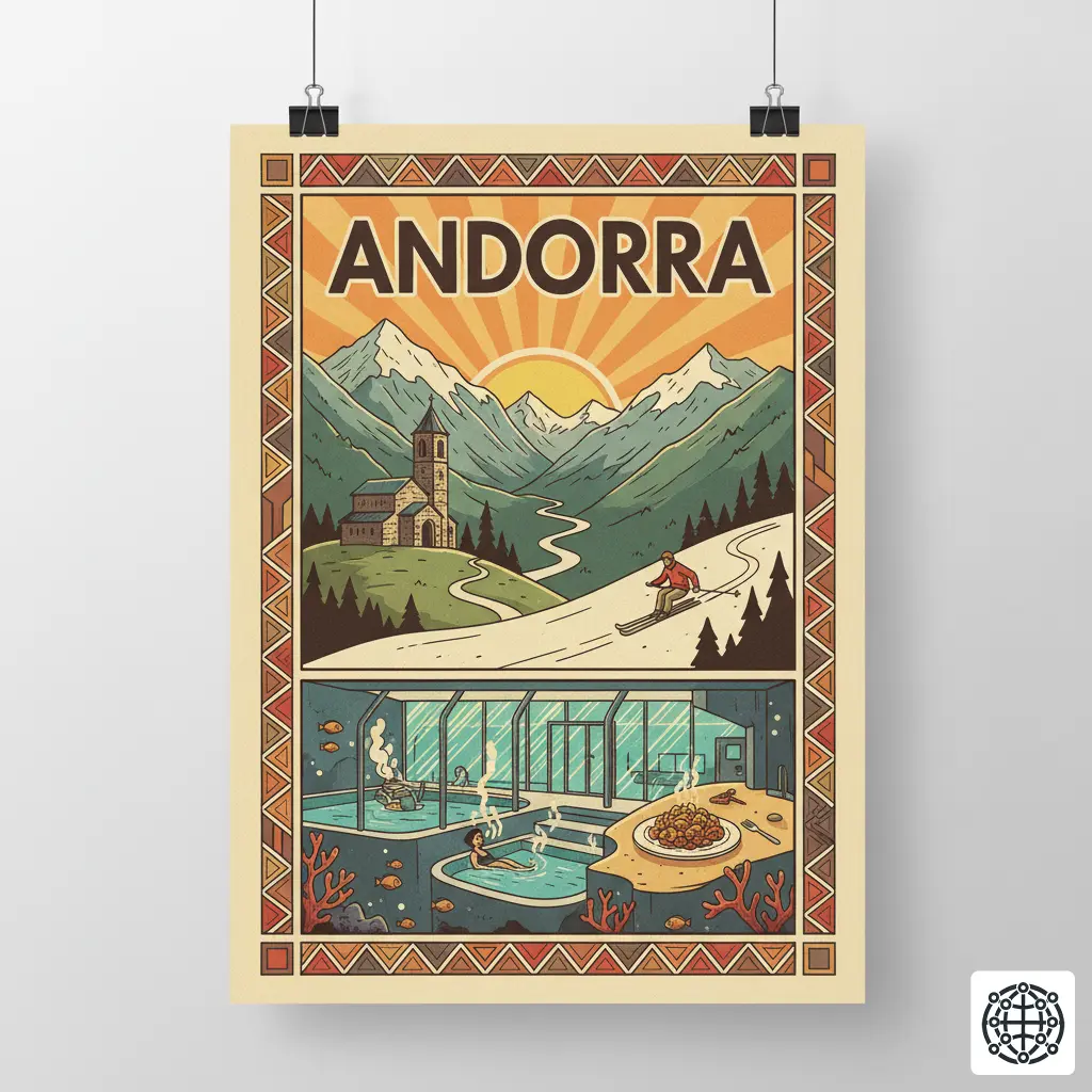 A stylized, modern illustration of Andorra, featuring a Romanesque church in the Pyrenees, a skier on the slopes of Grandvalira, the Caldea spa complex, and a plate of Trinxat.
