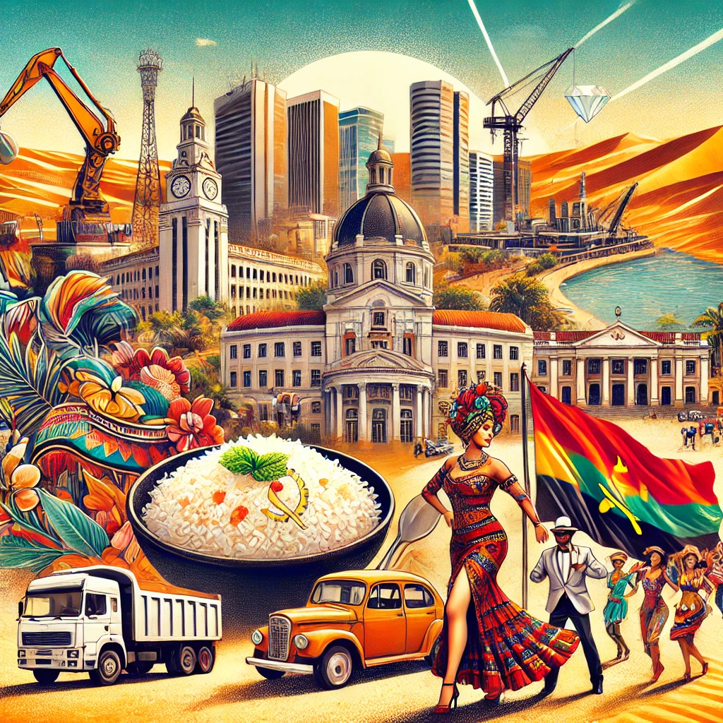 A vibrant quiz illustration featuring Angola’s cultural highlights: the cityscape of Luanda, traditional dishes like Moamba de Galinha, music and dance scenes showcasing Kizomba, and Angola’s rich natural landscapes with diamonds and sandy dunes.