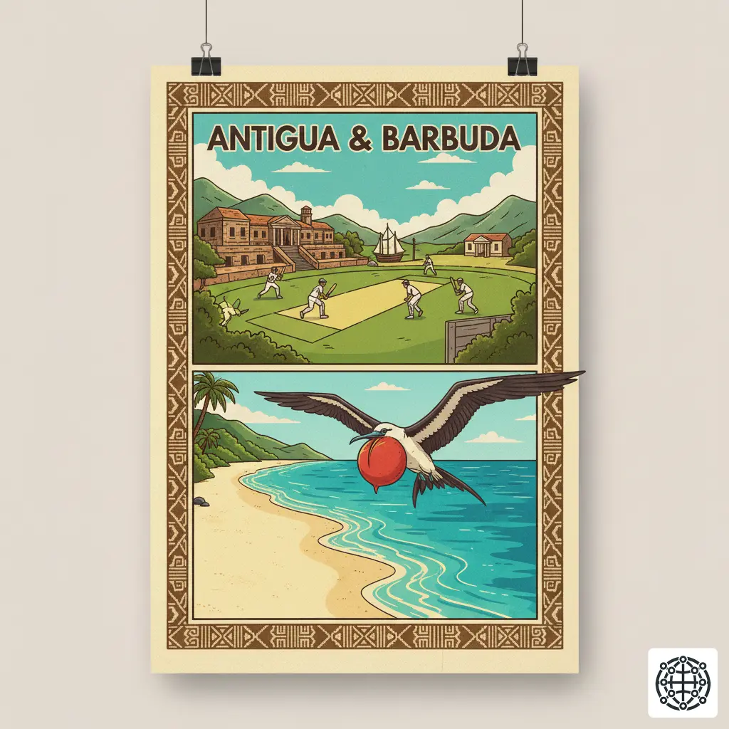 A stylized, modern illustration of Antigua and Barbuda, featuring Nelson's Dockyard, a cricket match, a frigatebird in flight, and a beautiful sandy beach.