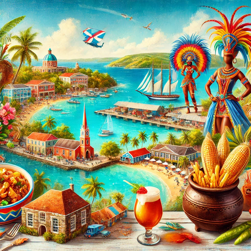 A picturesque image of Antigua’s 365 beaches, the vibrant Carnival celebrations, Nelson’s Dockyard, and a traditional Fungee and Pepperpot dish.