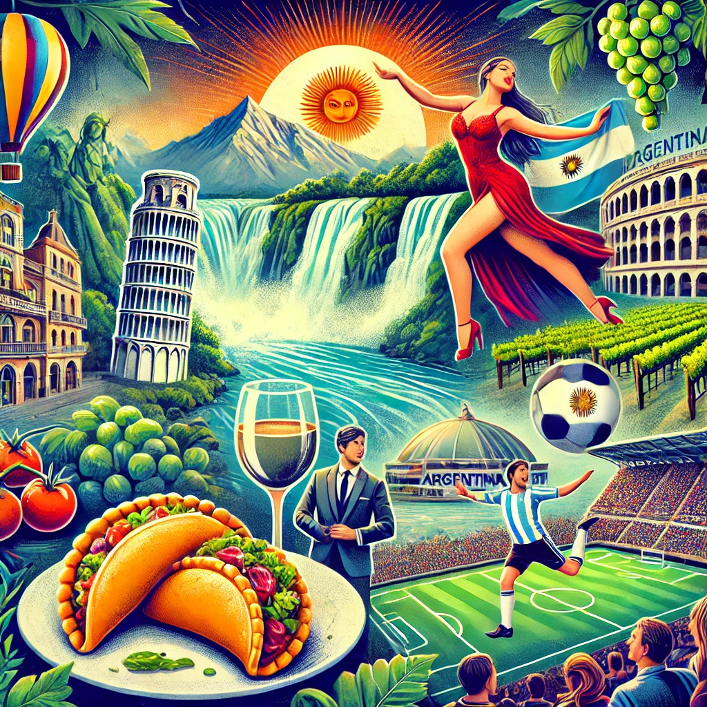 A vibrant image showcasing Argentina's famous landmarks like Iguazu Falls, a plate of empanadas, tango dancers in Buenos Aires, a vineyard in Mendoza, and a soccer match with enthusiastic fans.