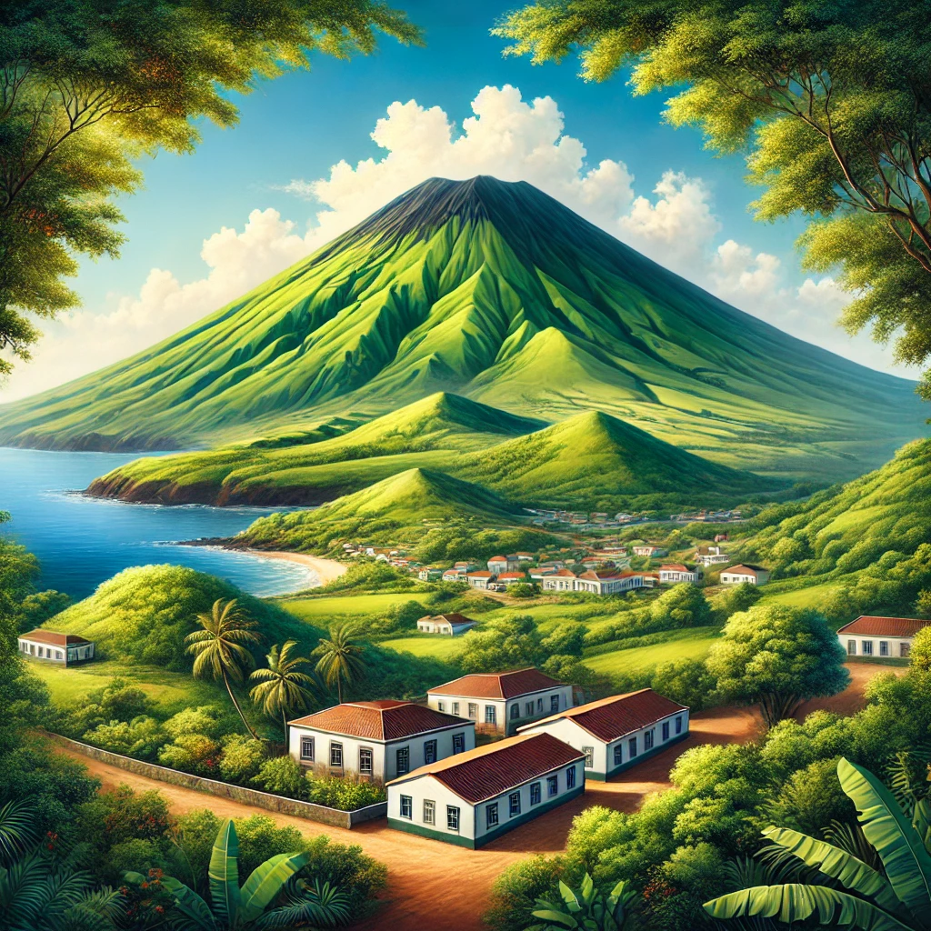 A stunning image of Green Mountain on Ascension Island, surrounded by lush greenery and a clear blue sky, with a traditional coastal village visible in the background.