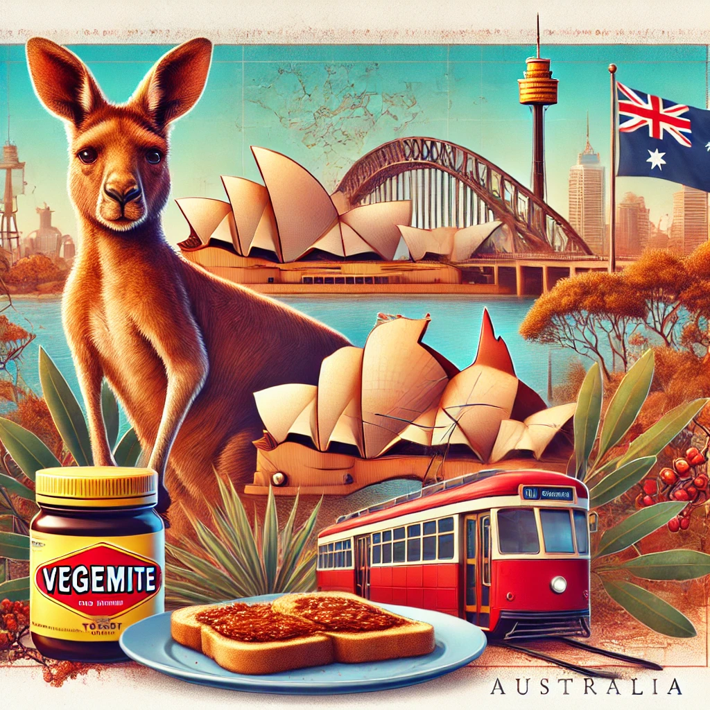 An image of Australian with elements such as a kangaroo, Vegemite on toast, Sydney Opera House, and a tram. The background includes a map of Australia and a vibrant depiction of the outback.