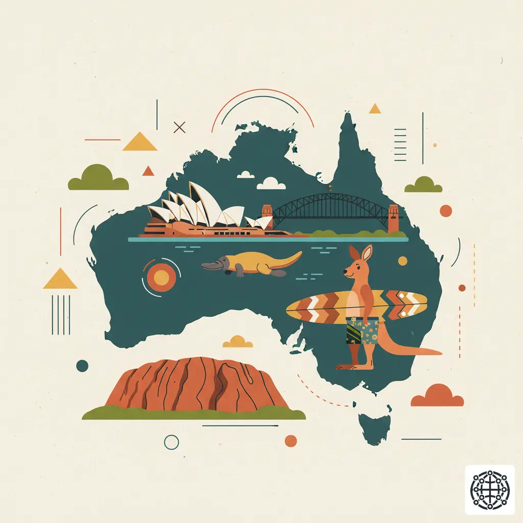 A stylized, modern illustration of Australia, featuring Uluru, the Sydney Opera House and Harbour Bridge, a kangaroo with a surfboard, and a platypus.
