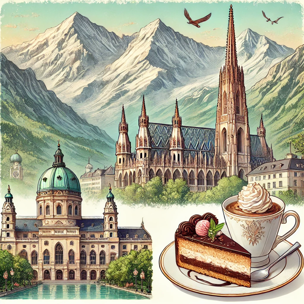 A scenic view of the Austrian Alps with lush greenery, Vienna's iconic St. Stephen's Cathedral, and a plate of Sachertorte with coffee in an elegant café setting.