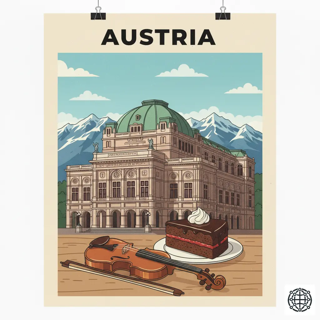 A stylized, modern illustration of Austria, featuring the Vienna State Opera, the Alps, a slice of Sachertorte, and a violin.