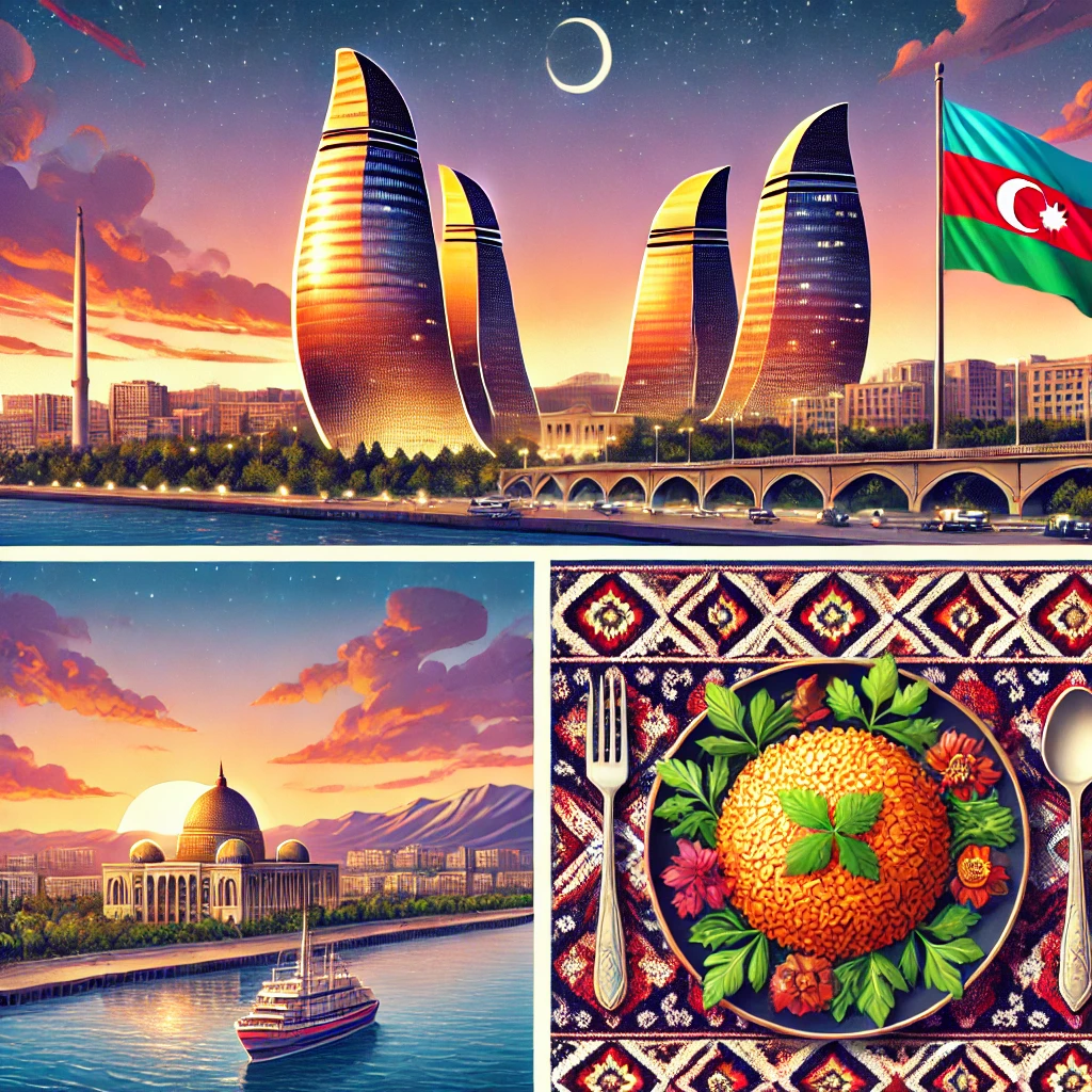 A panoramic view of Baku’s Flame Towers and the Caspian Sea at sunset, an intricately designed Azerbaijani carpet with geometric patterns, and a traditional Plov dish served with fresh herbs and spices.