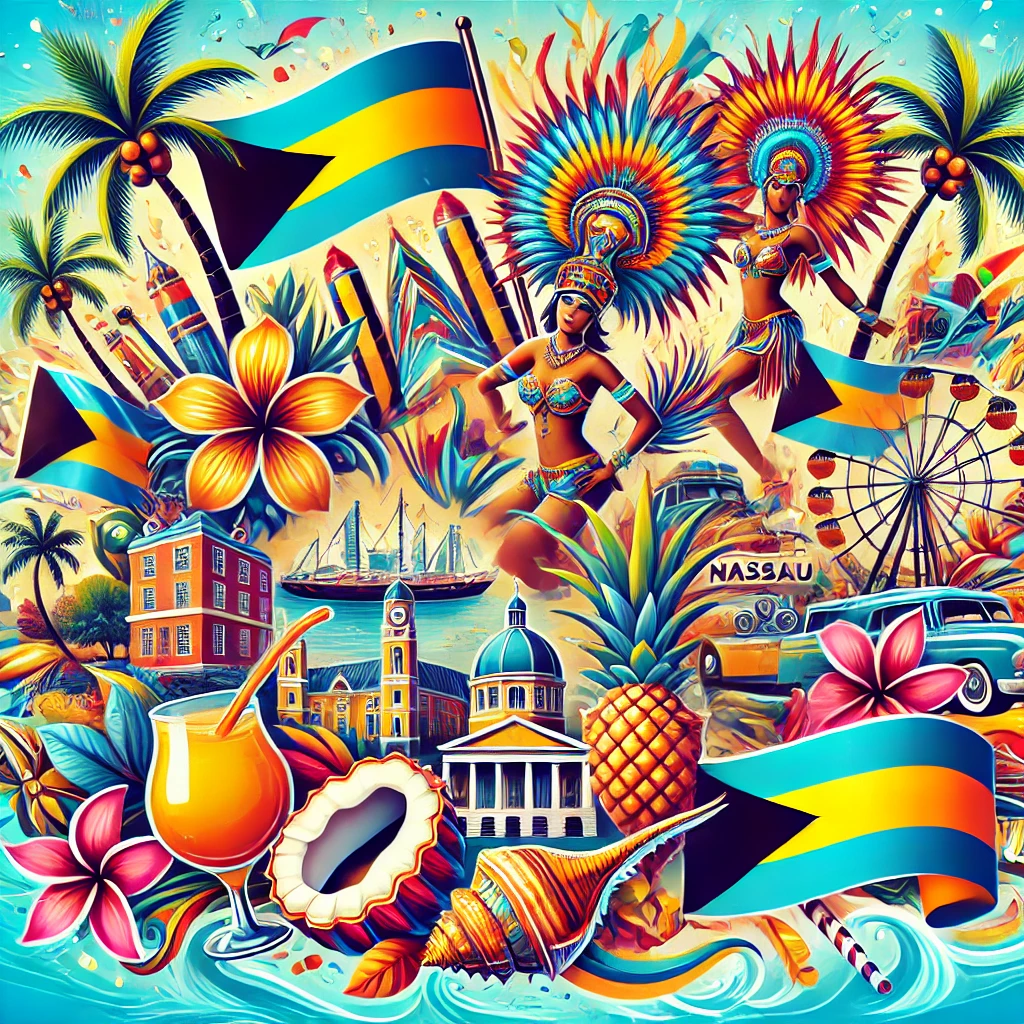 A colorful and featuring iconic Bahamian symbols, including Nassau landmarks, Junkanoo festival celebrations, traditional conch salad, and the vibrant Bahamian flag. The design should evoke the tropical paradise of The Bahamas.