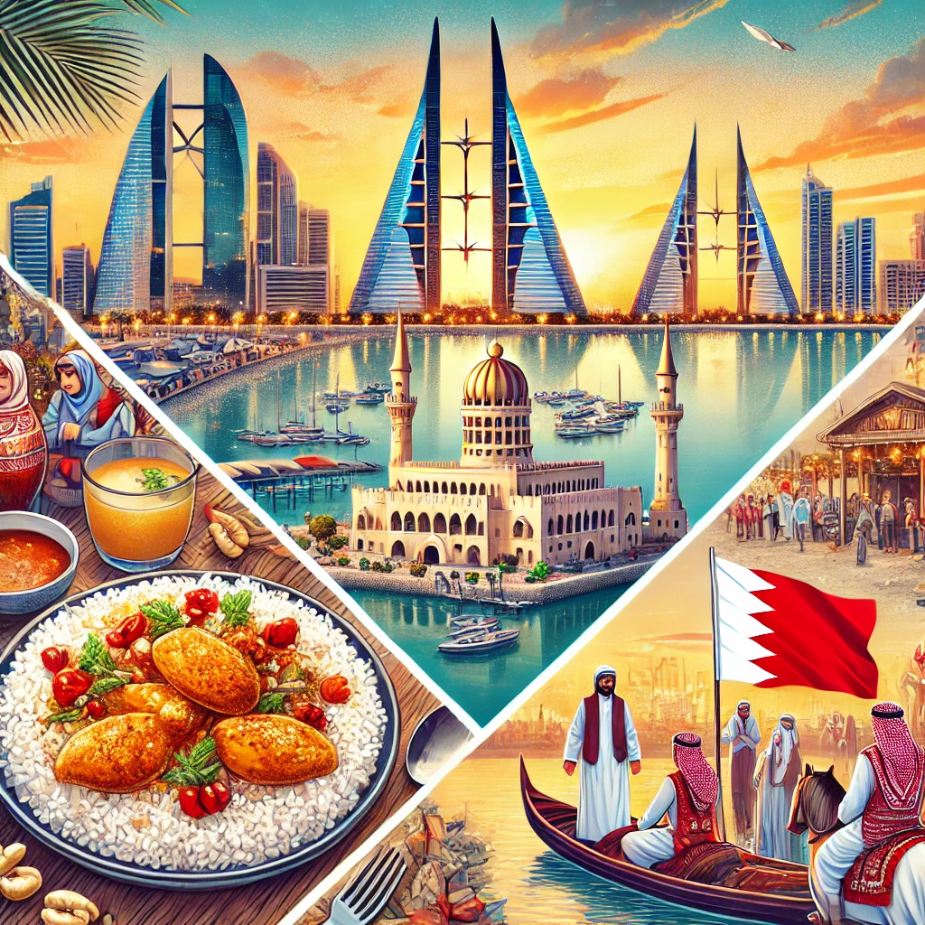 An image of the Manama skyline at sunset, a traditional Bahraini meal of Machboos, the historic pearling sites, and a vibrant National Day celebration.