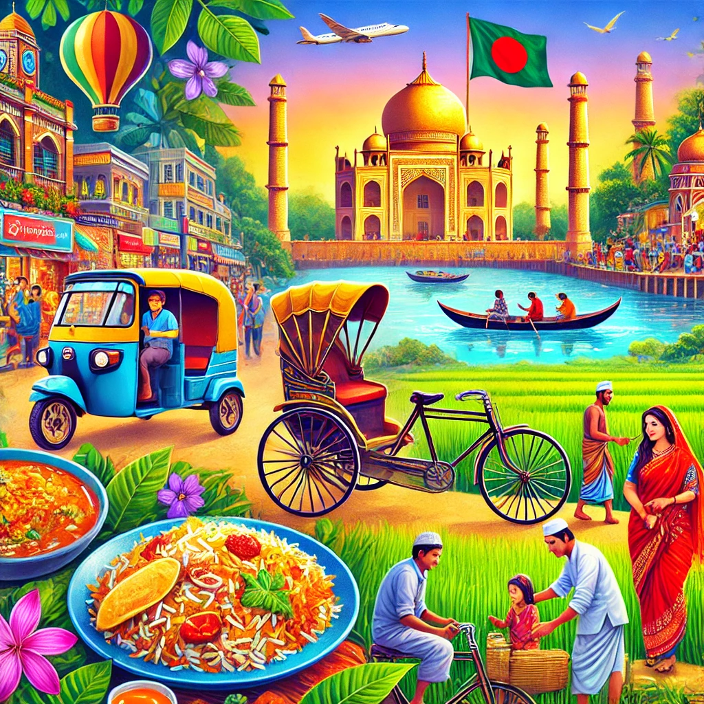 A colorful image of a bustling rickshaw scene, a plate of traditional biryani, the serene Ganges river, Eid celebrations with families, and farmers working in lush green fields in Bangladesh.