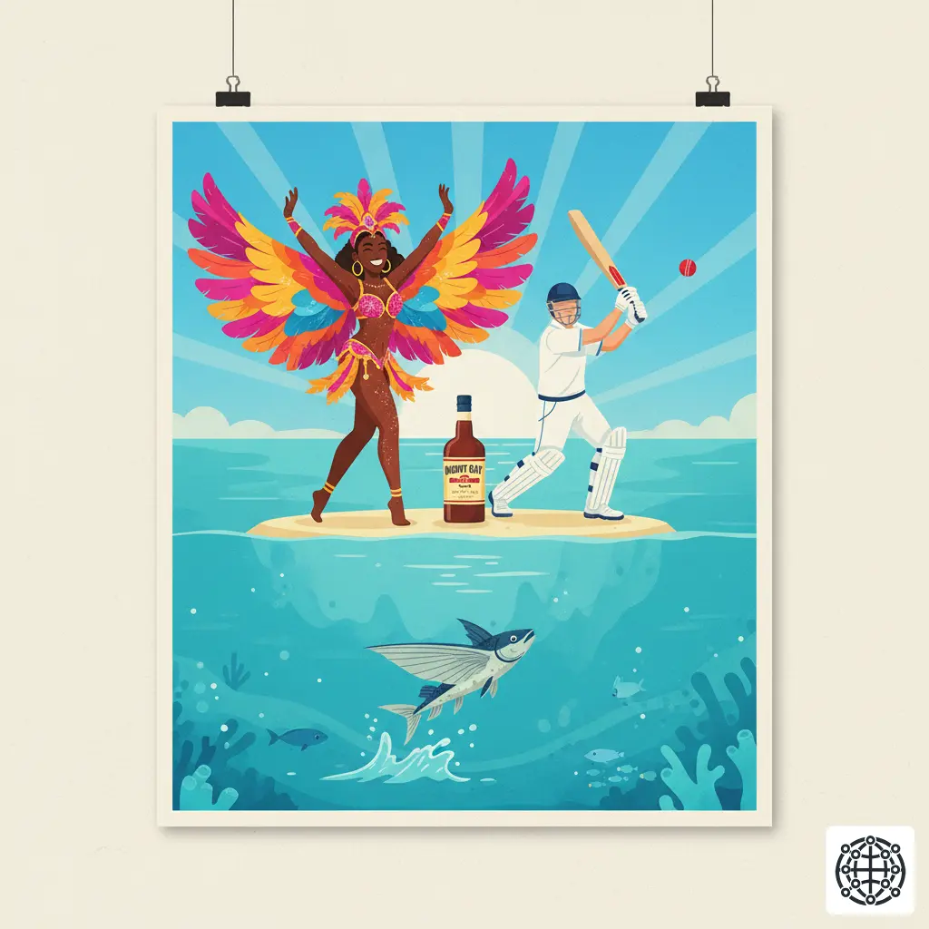 A stylized, modern illustration of Barbados, featuring a vibrant Crop Over festival dancer, a bottle of rum, a cricket player, and a flying fish leaping over the turquoise sea.