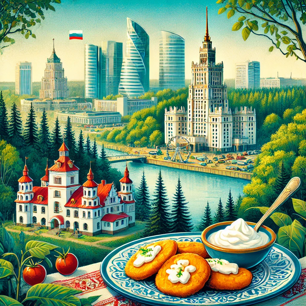 A view of Minsk’s skyline, a traditional plate of Draniki with sour cream, and the lush greenery of the Białowieża Forest in Belarus.