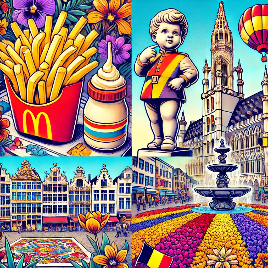 A vibrant image featuring Belgian fries with mayonnaise, the Manneken Pis statue in Brussels, the Flower Carpet Festival in Grand Place, and Tintin comics.