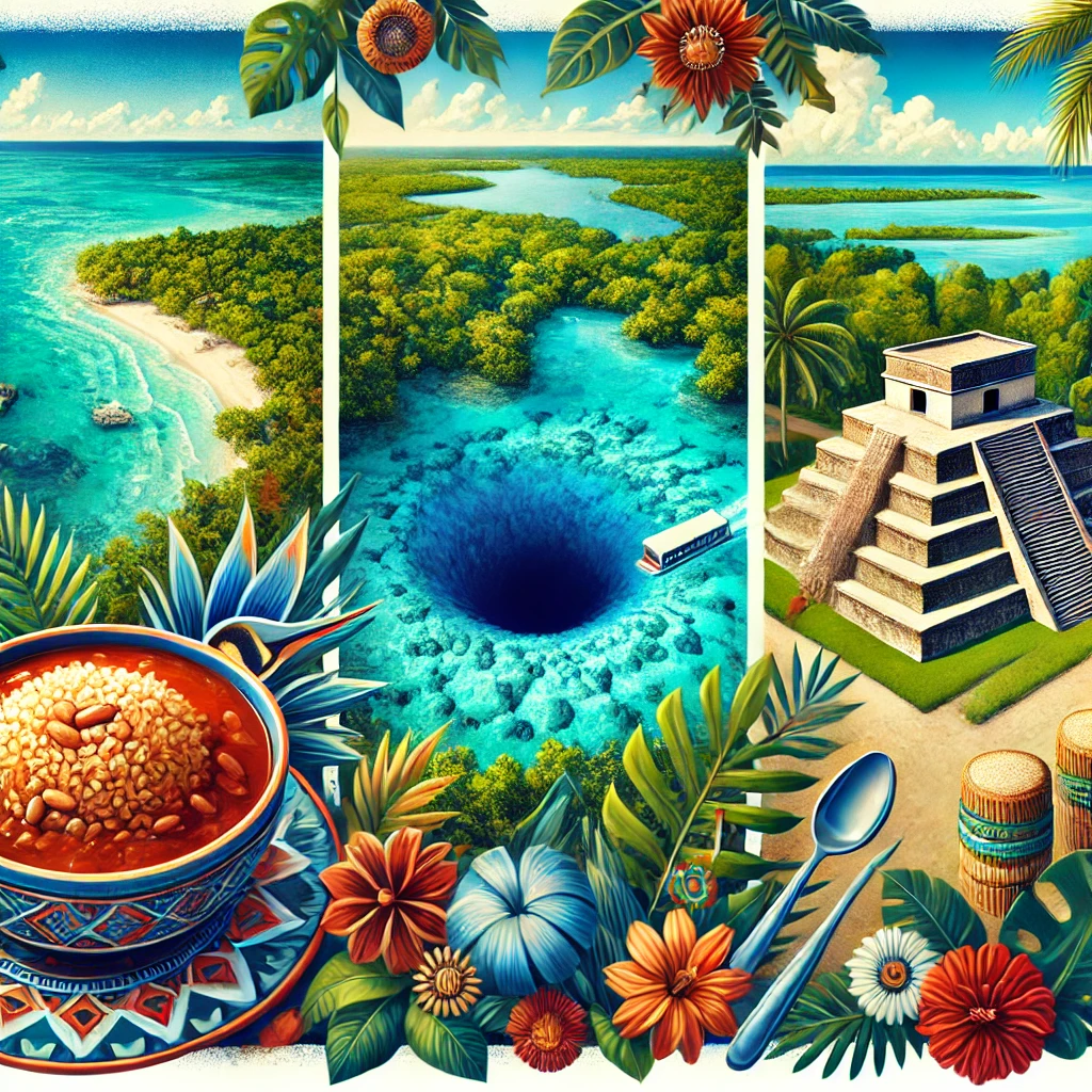 A captivating illustration of Belize featuring the Blue Hole, Maya ruins, a traditional Rice and Beans dish, and a scenic Caribbean Sea coastline with lush greenery.