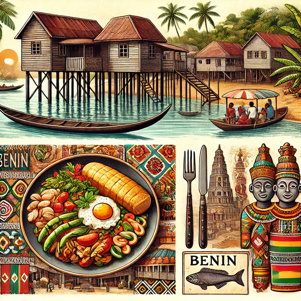 An engaging image showcasing the Ganvie stilt village, a plate of traditional Akpan, vibrant market scenes in Benin, and the historic Dahomey kingdom artifacts.