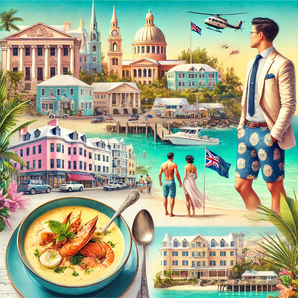 A scenic view of Hamilton with pastel-colored buildings, a plate of Bermudian fish chowder, people wearing Bermuda shorts, and a picturesque beach with turquoise waters and coral reefs.