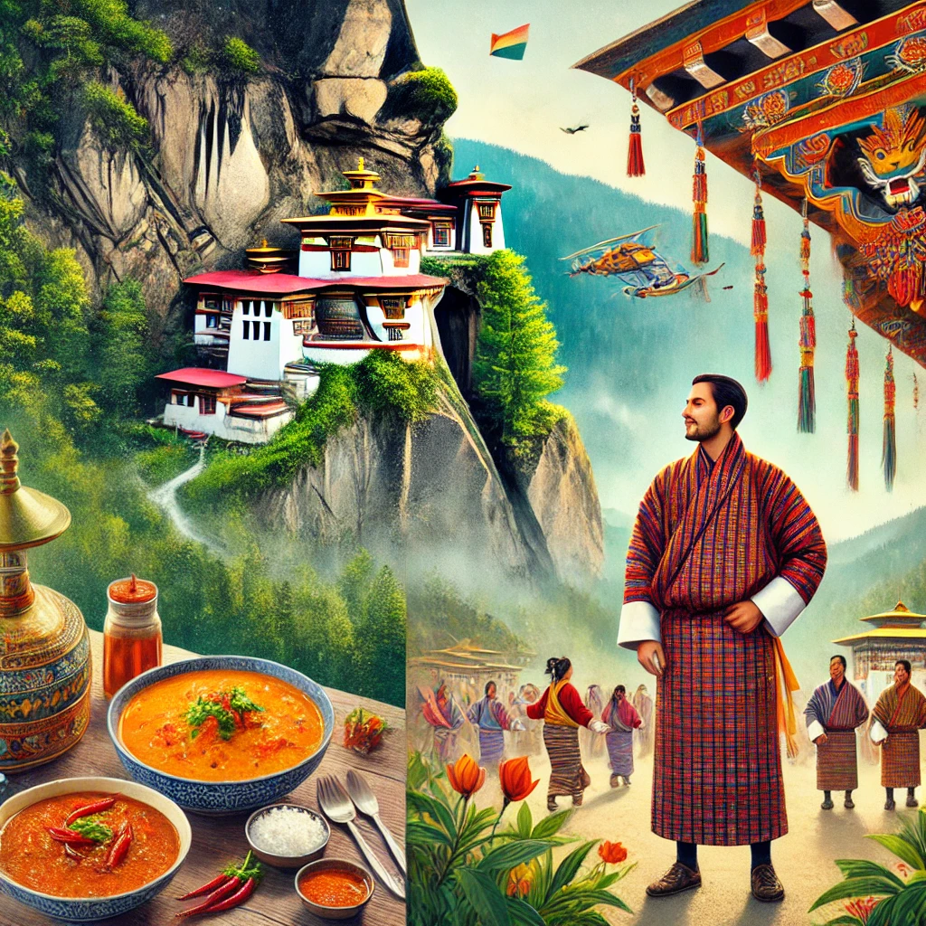 A scenic illustration of Bhutan’s Tiger’s Nest Monastery perched on a cliff, a Bhutanese man in traditional Gho attire, a colorful plate of Ema Datshi, and people dancing at a vibrant Tshechu festival.