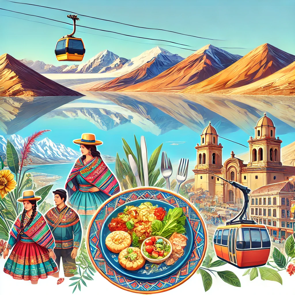 An interactive quiz scene showcasing Bolivia's iconic landscapes, such as the Salar de Uyuni salt flats and Lake Titicaca, traditional Bolivian dishes like Salteñas, and cultural elements such as colorful indigenous attire and cable cars in La Paz.