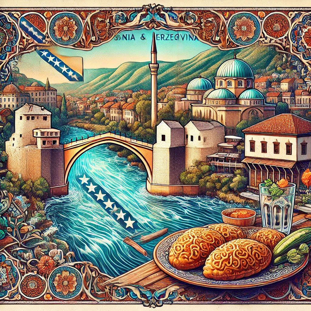 An image showcasing a map of Bosnia and Herzegovina with its capital Sarajevo marked, the iconic Stari Most (Old Bridge) in Mostar, a plate of Burek, Ottoman-era architecture, and the flowing Neretva River, depicting the country's rich cultural and historical heritage.