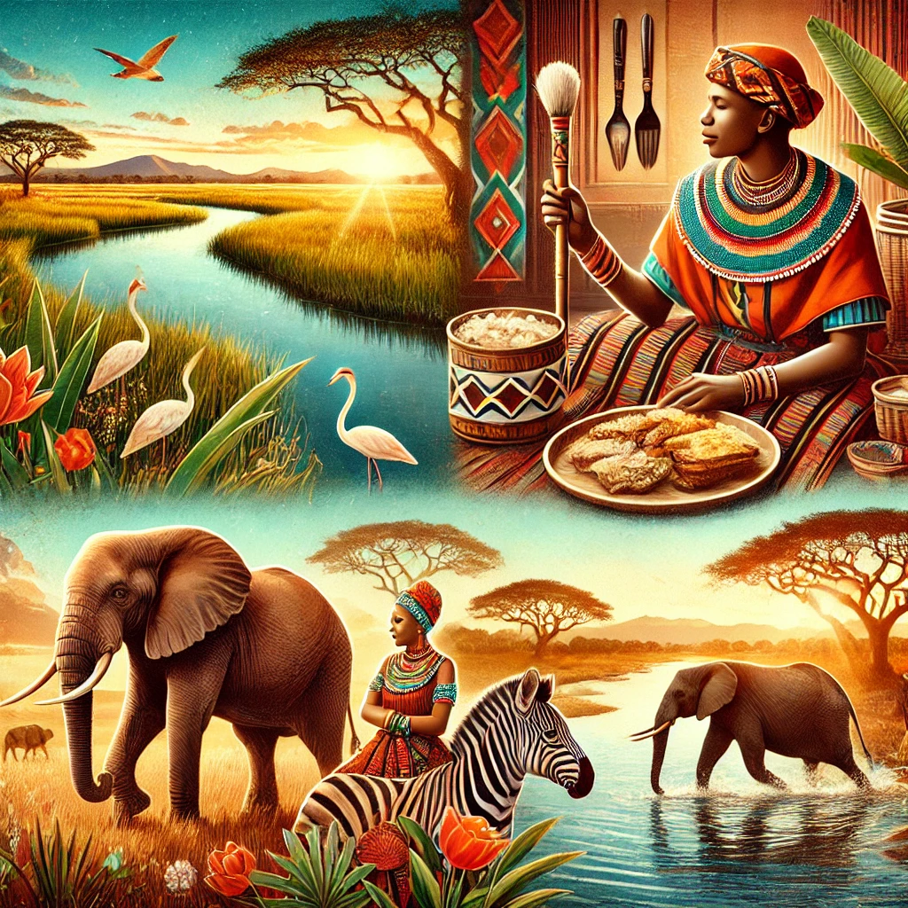 A beautiful view of the Okavango Delta, a traditional Botswana meal of Seswaa, a Tswana musician performing, and a herd of elephants in Chobe National Park.