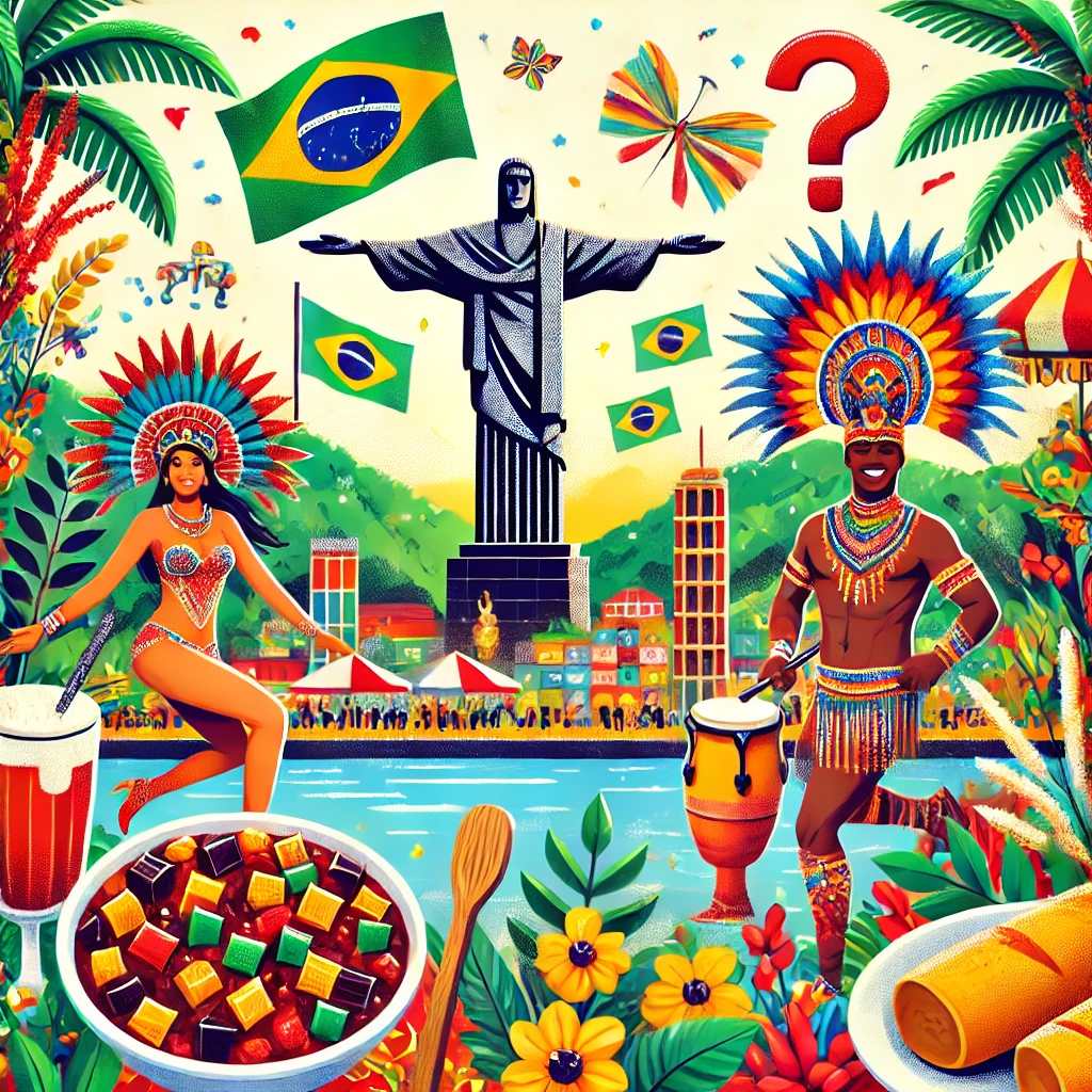 A lively quiz image featuring iconic Brazilian elements like the Christ the Redeemer statue, Rio Carnival, Amazon Rainforest, samba dancers, and traditional dishes like feijoada. Highlight Brazil’s colorful and dynamic culture.