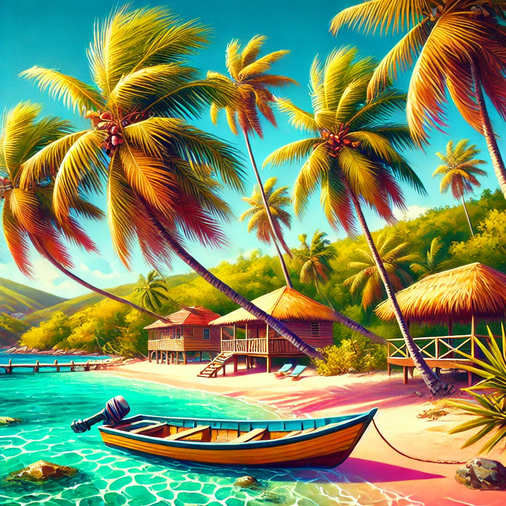 A vibrant tropical beach scene in the British Virgin Islands, featuring crystal-clear waters, lush palm trees, traditional Caribbean-style huts, and a local boat anchored nearby.