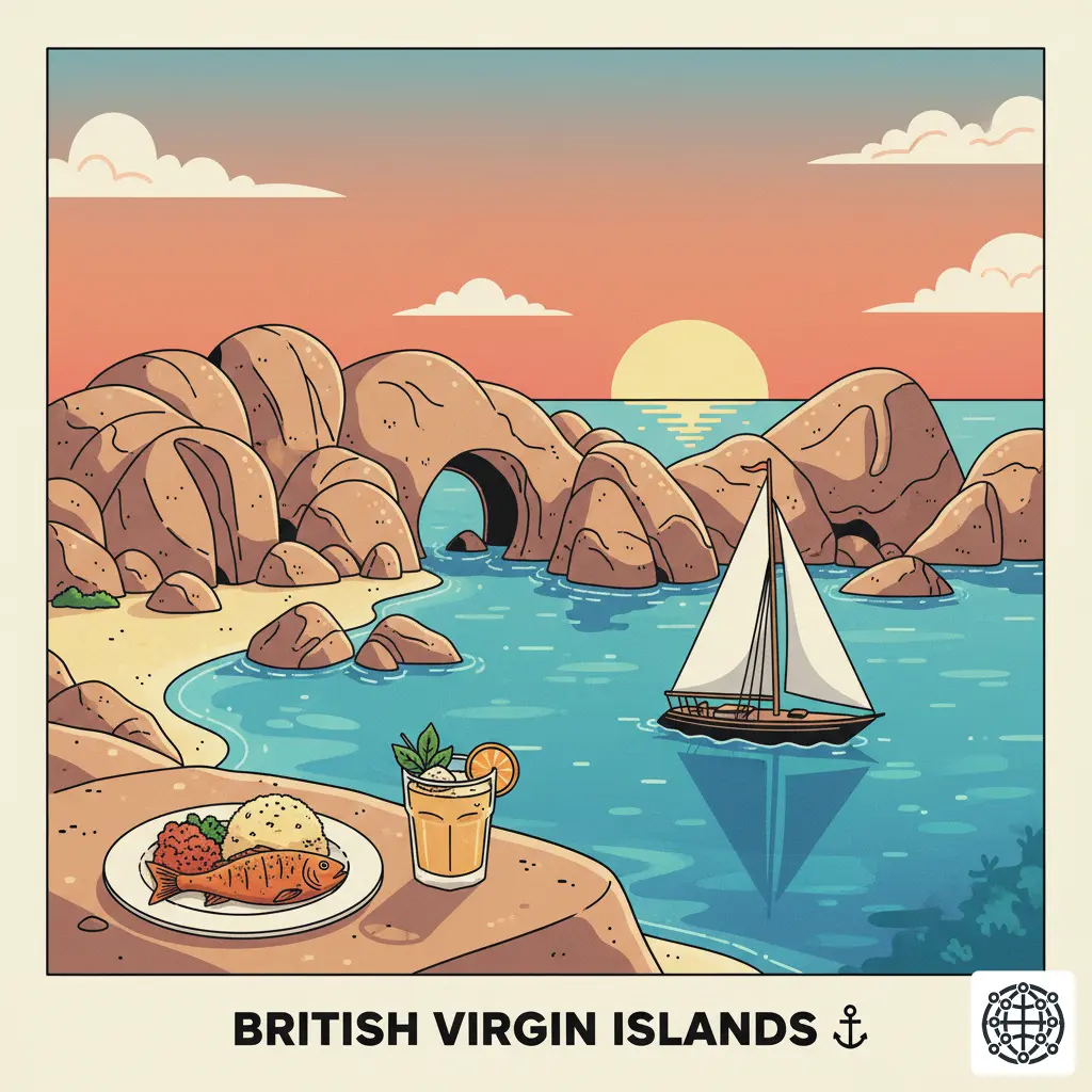 A stylized, modern illustration of the British Virgin Islands, featuring The Baths on Virgin Gorda, a sailboat on the turquoise water, a plate of Fungi and Fish, and a Painkiller cocktail.