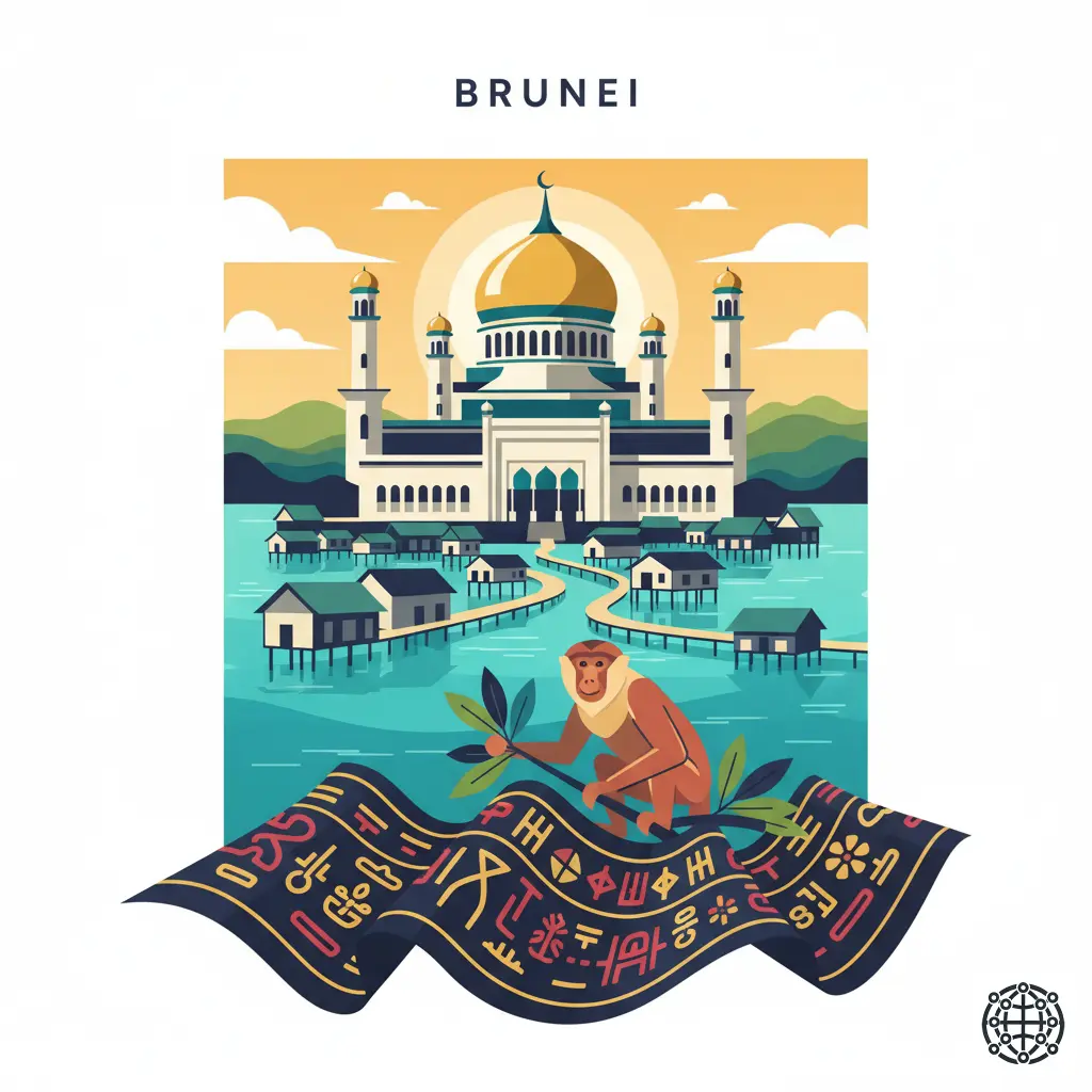 A stylized, modern illustration of Brunei, featuring the Sultan Omar Ali Saifuddien Mosque, the Kampong Ayer water village, a proboscis monkey, and a piece of 'jong sarat' cloth.
