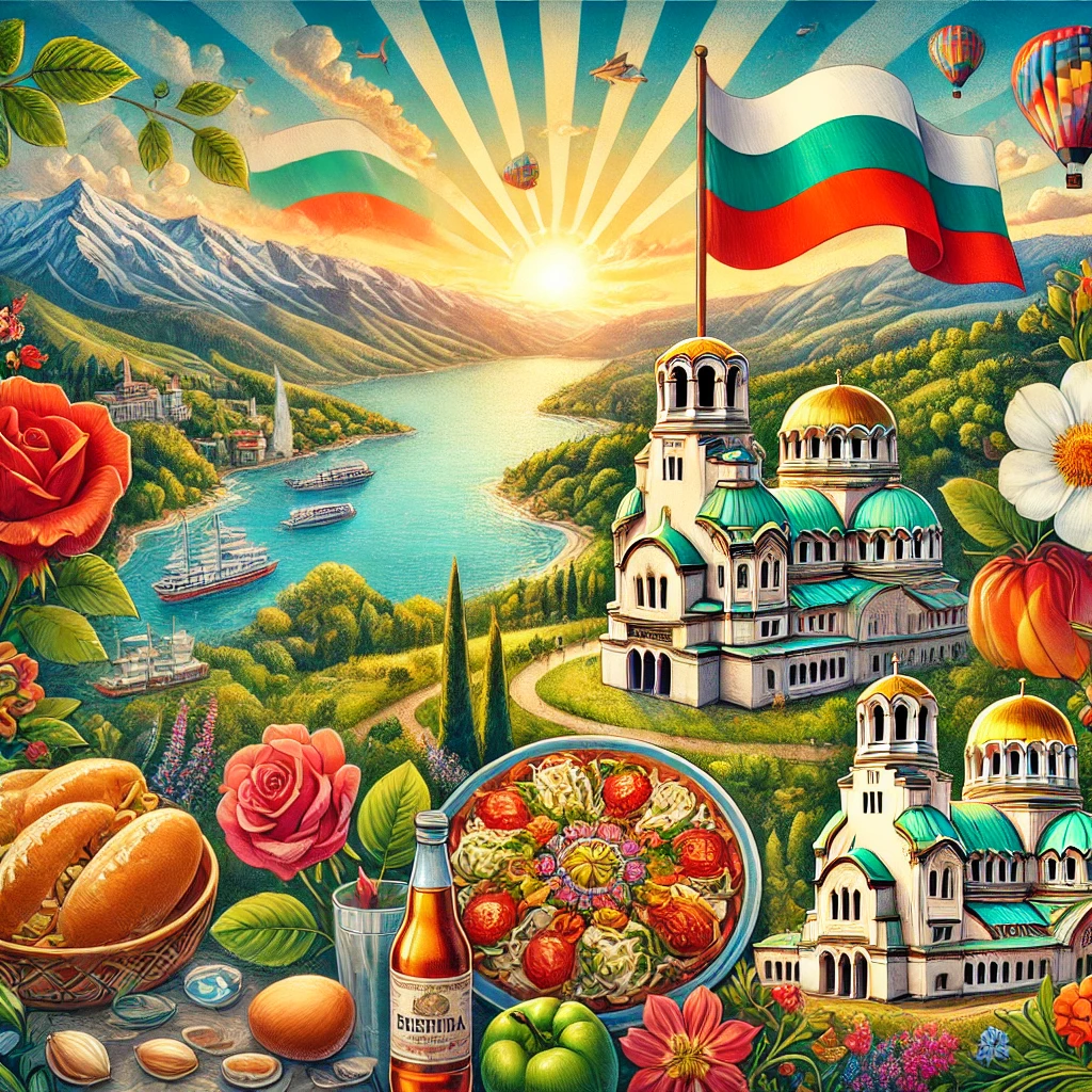 An interactive quiz scene featuring Bulgaria’s stunning landscapes like the Balkan Mountains and Black Sea, cultural symbols such as traditional Banitsa, the Rose Festival, and iconic landmarks like Sofia’s Alexander Nevsky Cathedral.