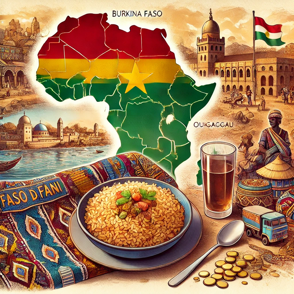 An image showcasing a map of Burkina Faso with its capital Ouagadougou marked, a dish of Riz Gras, a piece of Faso Dan Fani fabric, and a scene from the Panafrican Film and Television Festival (FESPACO), set against a backdrop of traditional markets and gold mining areas.