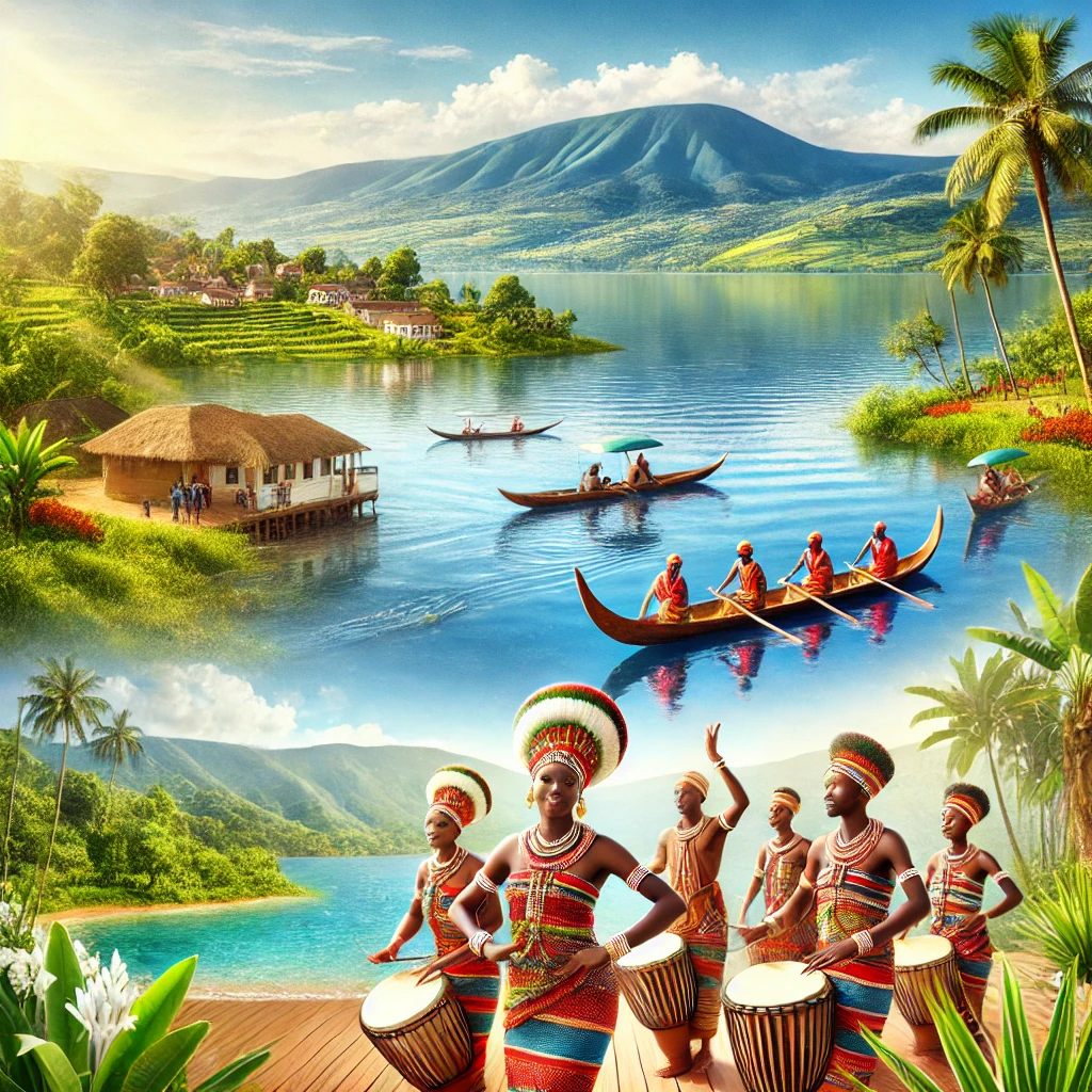 An image showcasing Lake Tanganyika with traditional wooden boats, dancers performing the iconic Burundian Drum Dance, and lush green landscapes reflecting the country's natural beauty.