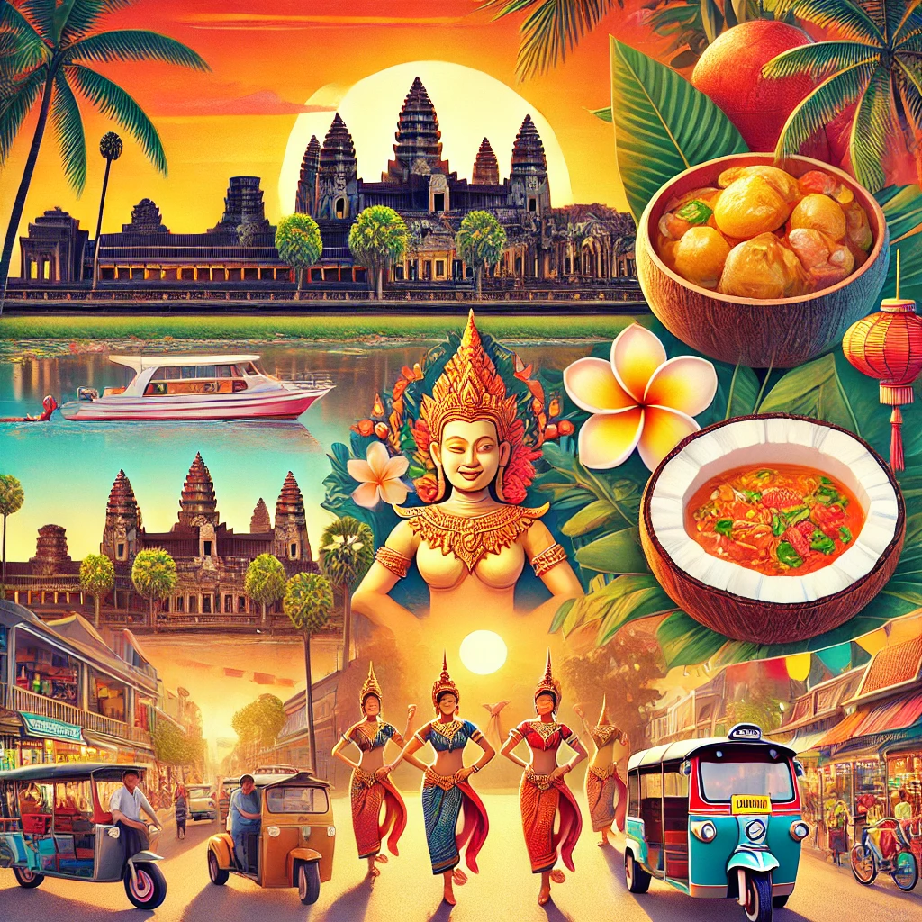 A vibrant quiz scene featuring Cambodia’s Angkor Wat at sunrise, traditional dishes like Amok, cultural highlights such as Apsara Dance, the Mekong River, and tuk-tuks navigating busy streets.