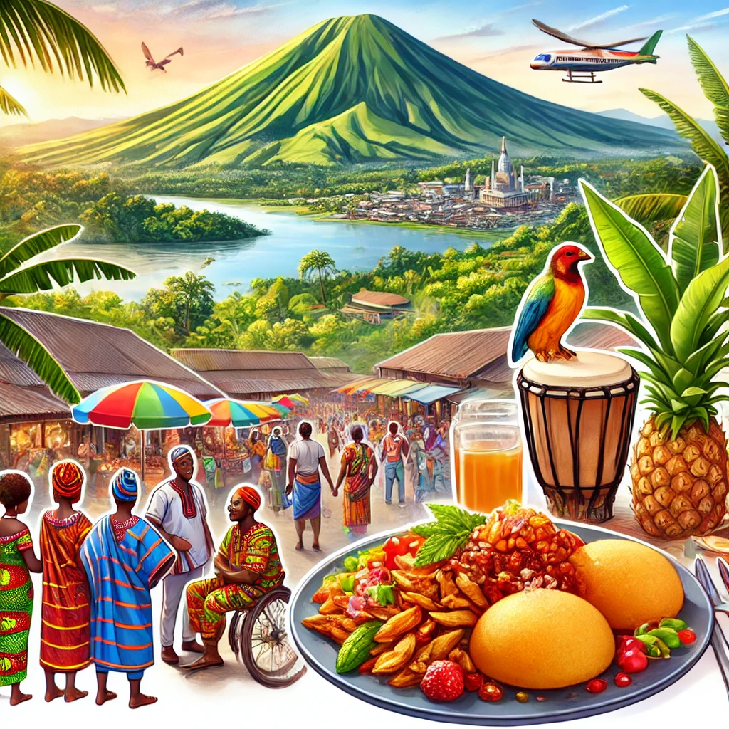 A scenic view of Mount Cameroon, a vibrant market scene in Yaoundé, a traditional Cameroonian dish of Fufu and Njama Njama, and colorful Toghu outfits worn during celebrations.