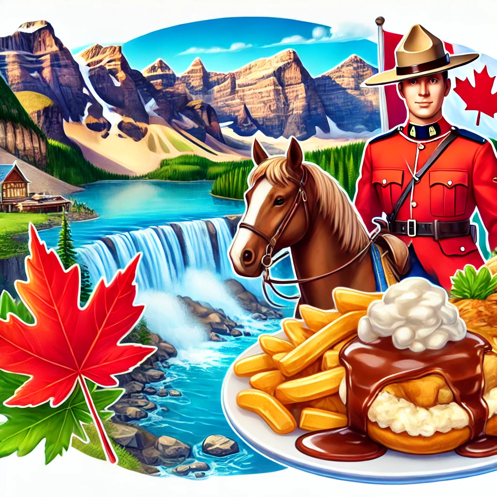 A vibrant image of Canadian landmarks including the Rocky Mountains, Niagara Falls, a plate of poutine, a maple leaf, and a friendly Mountie on horseback in traditional RCMP attire.