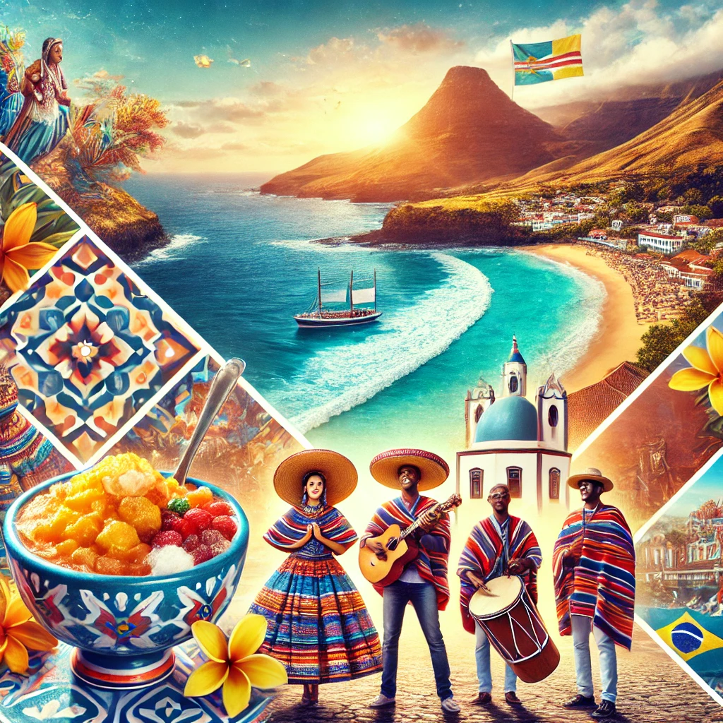 A vibrant image featuring Cape Verde's iconic Praia coastline, traditional Cachupa dish, Morna musicians performing, and colorful local attire, set against the backdrop of serene Atlantic Ocean views.