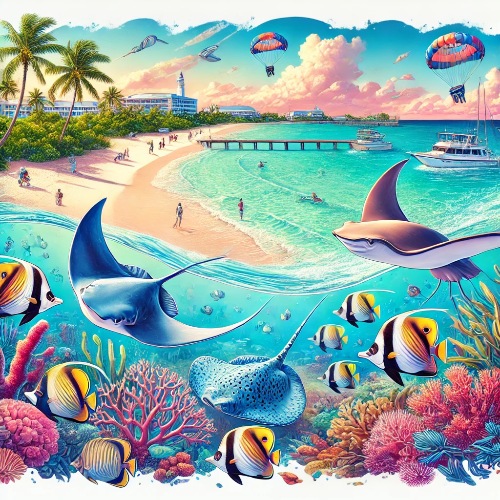 A colorful illustration of the Cayman Islands, featuring Seven Mile Beach, turquoise waters, stingrays from Stingray City, and scuba diving scenes, with quiz-themed overlays like question marks and trivia symbols.