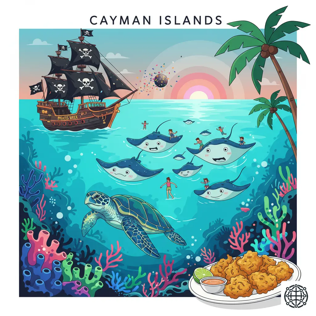 A stylized, modern illustration of the Cayman Islands, featuring Stingray City, a pirate ship for Pirates Week, a sea turtle swimming over a coral reef, and a plate of conch fritters.