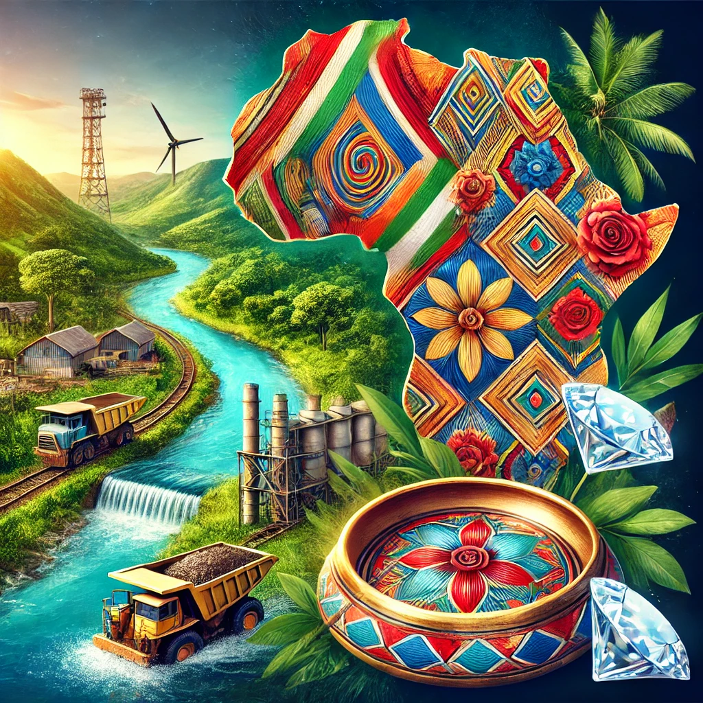 A vivid depiction of the Central African Republic featuring the Ubangi River, traditional Gozo dish, colorful Pagne fabric, and a scene of diamond mining amidst lush landscapes.