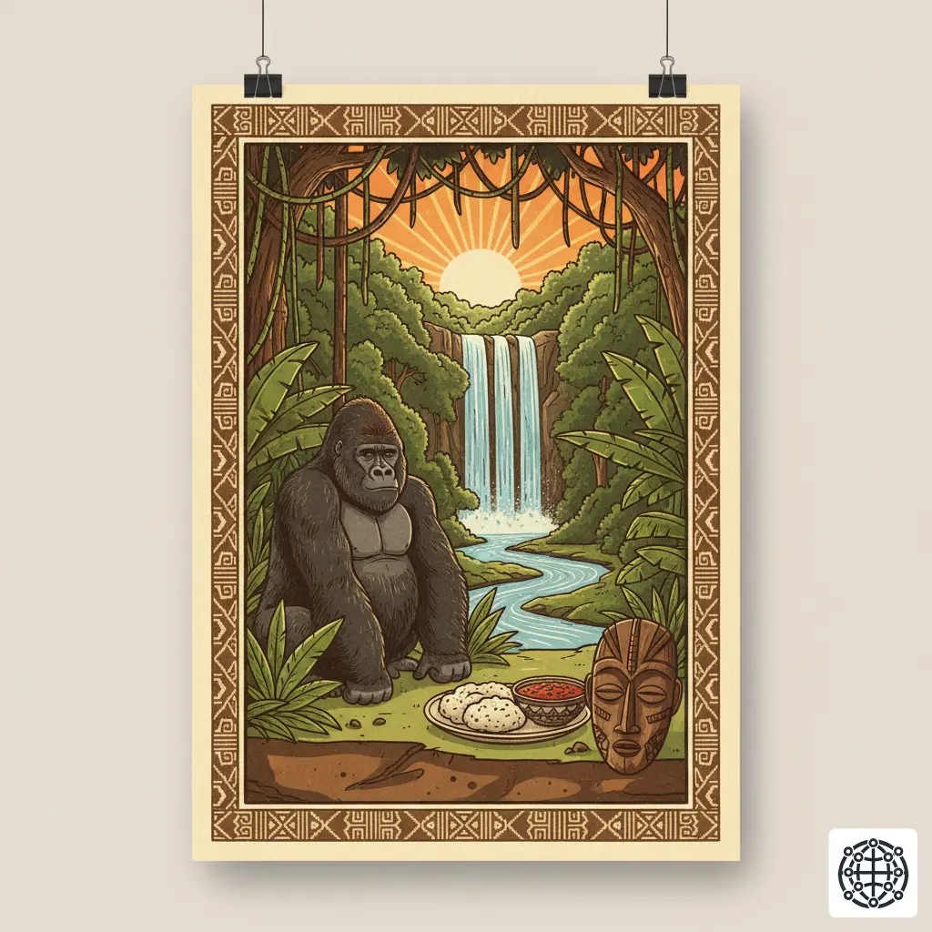 A stylized, modern illustration of the Central African Republic, featuring a lowland gorilla in the Dzanga-Sangha rainforest, the Boali waterfalls, a traditional wooden mask, and a plate of Fufu.
