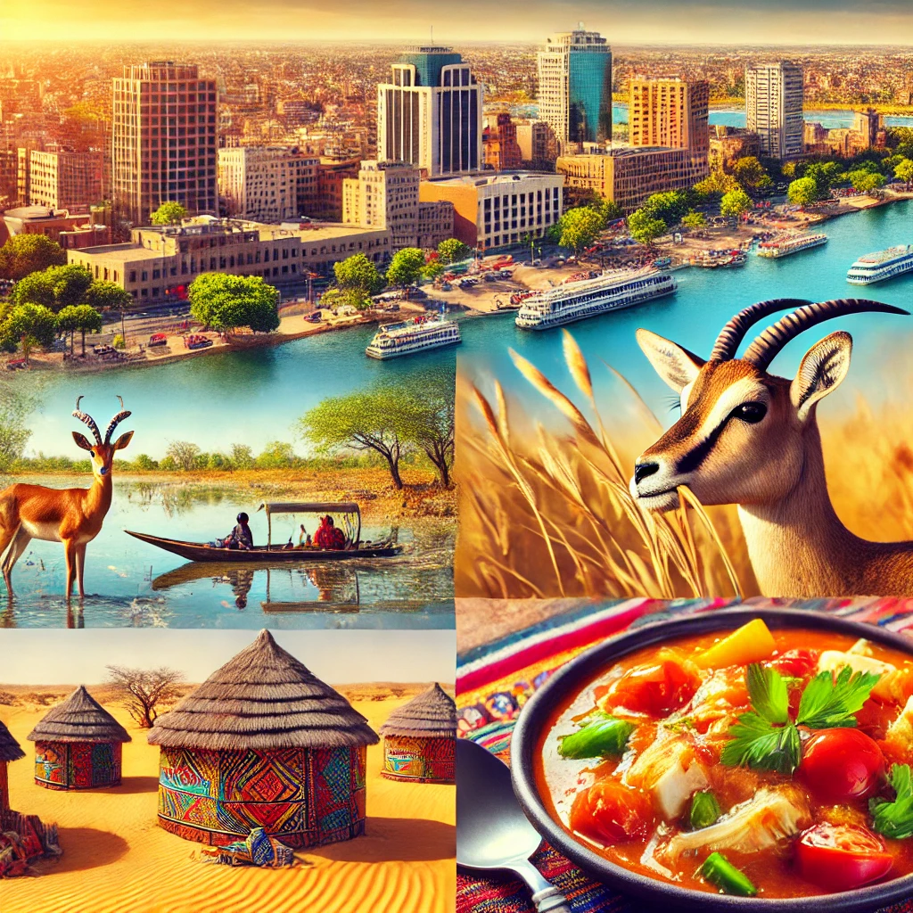 A vibrant image of N'Djamena cityscape, Lake Chad with surrounding wildlife, traditional Chadian thatched huts in a desert backdrop, and a plate of Boule, a traditional dish.