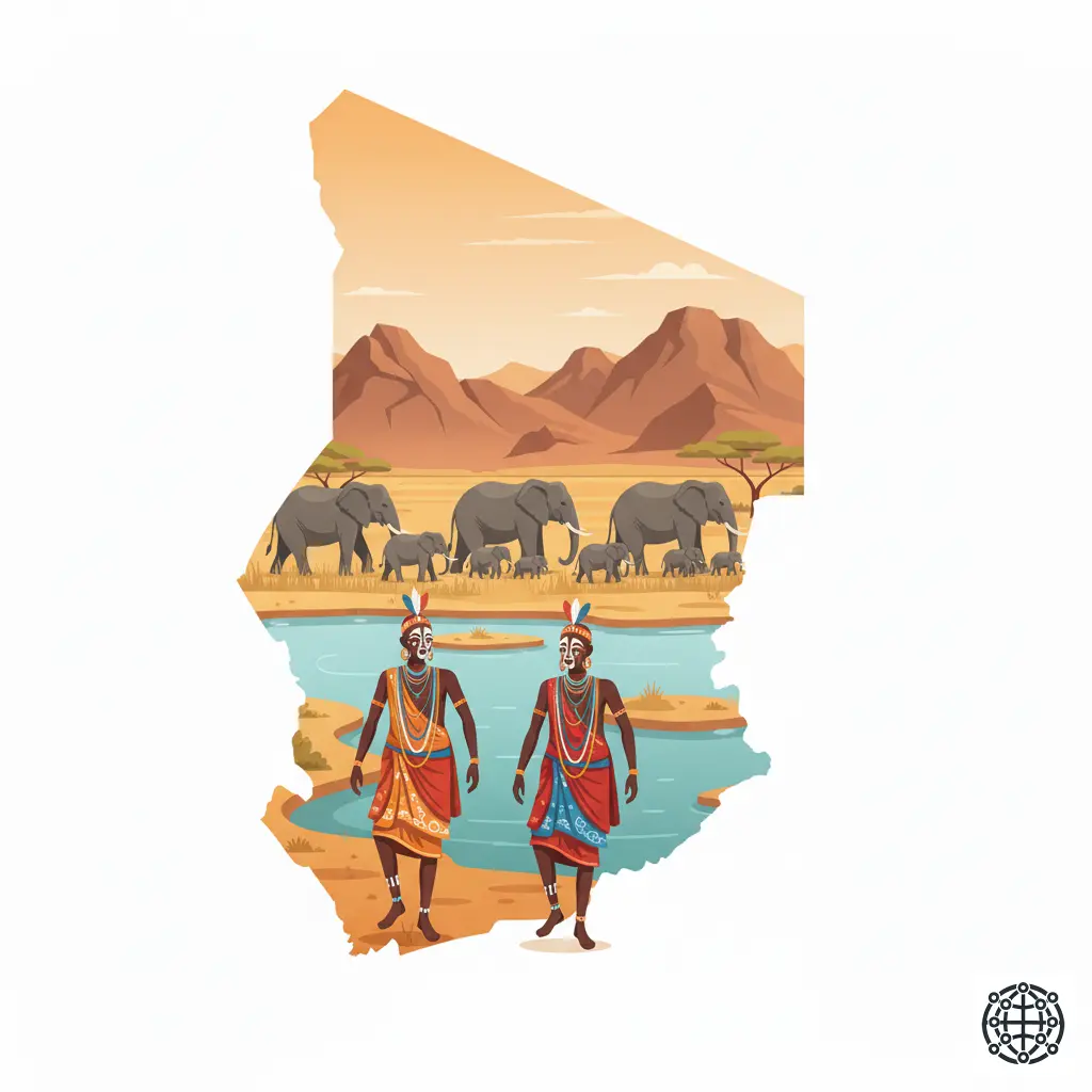 A stylized, modern illustration of Chad, featuring the Tibesti Mountains, a Wodaabe man in traditional Gerewol festival attire, a herd of elephants in Zakouma National Park, and the shrinking Lake Chad.