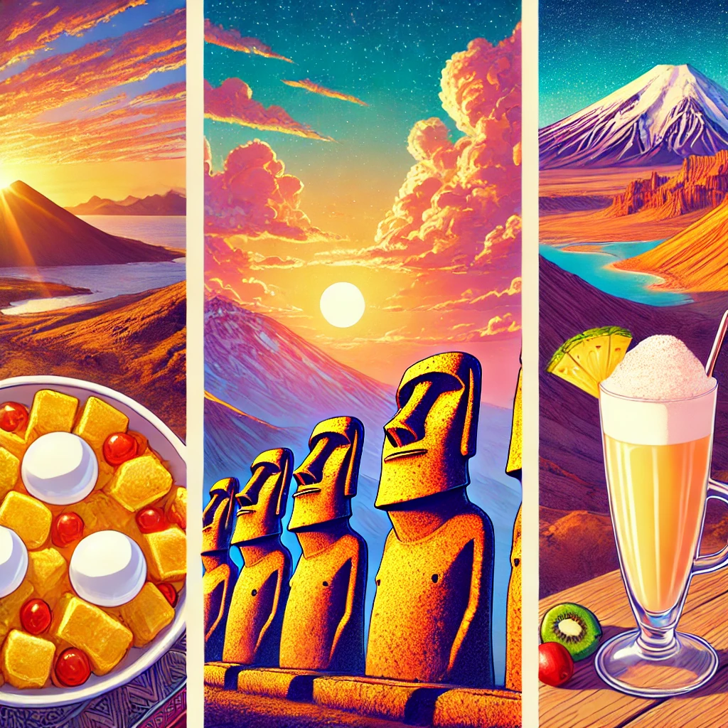 A vibrant image of Easter Island's moai statues at sunrise, a dish of Pastel de Choclo, a glass of Pisco Sour, and the Atacama Desert with its stunning landscapes.